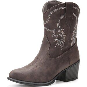 Western Boots Mid Calf  Short Chunky Classic Dark Grey Faux Leather For Women